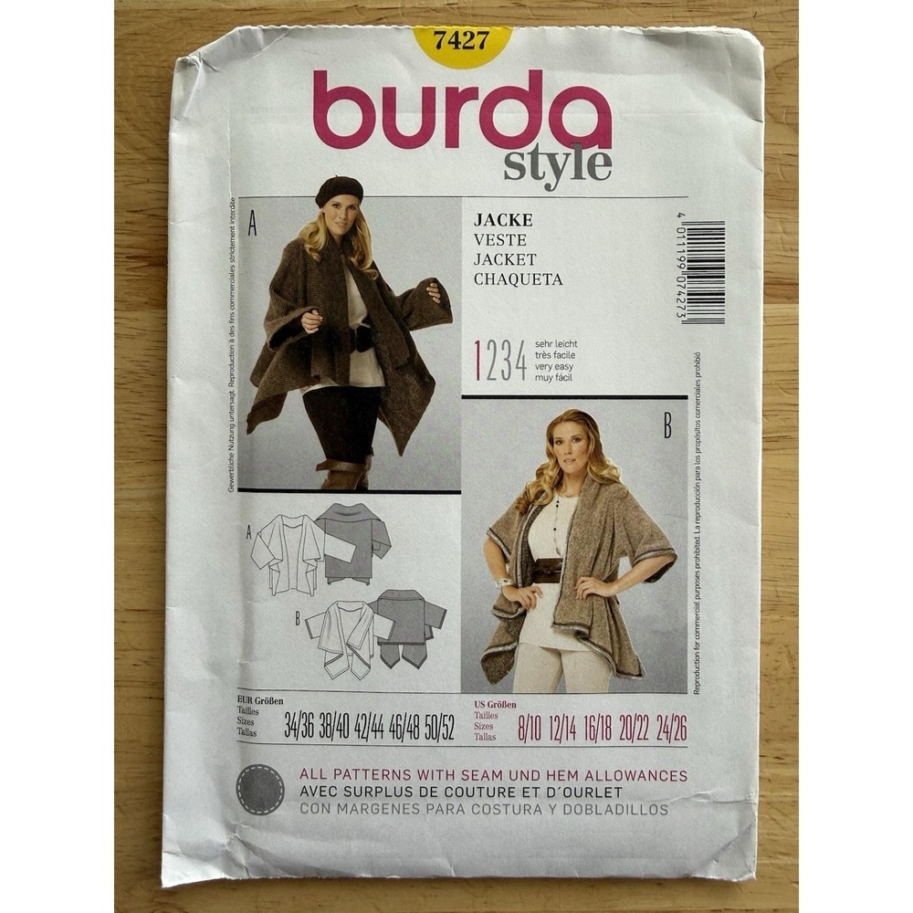 Burda Very Easy Pattern 7427 Very Loose Fitting Jacket 2-Styles‎ Size 8-26 UC FF